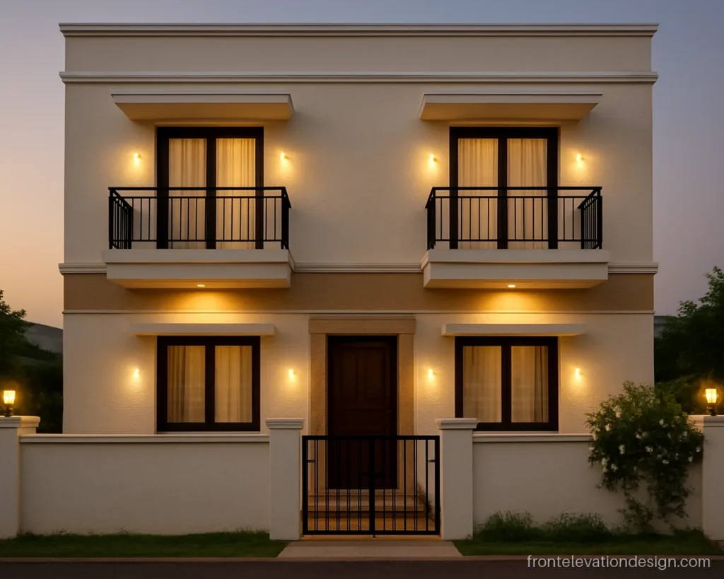 Front elevation for 2 floor house with twin balconies and black steel railings