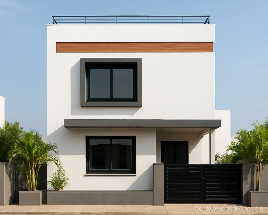 Modern double floor front elevation design with a white box, grey frame and wood band