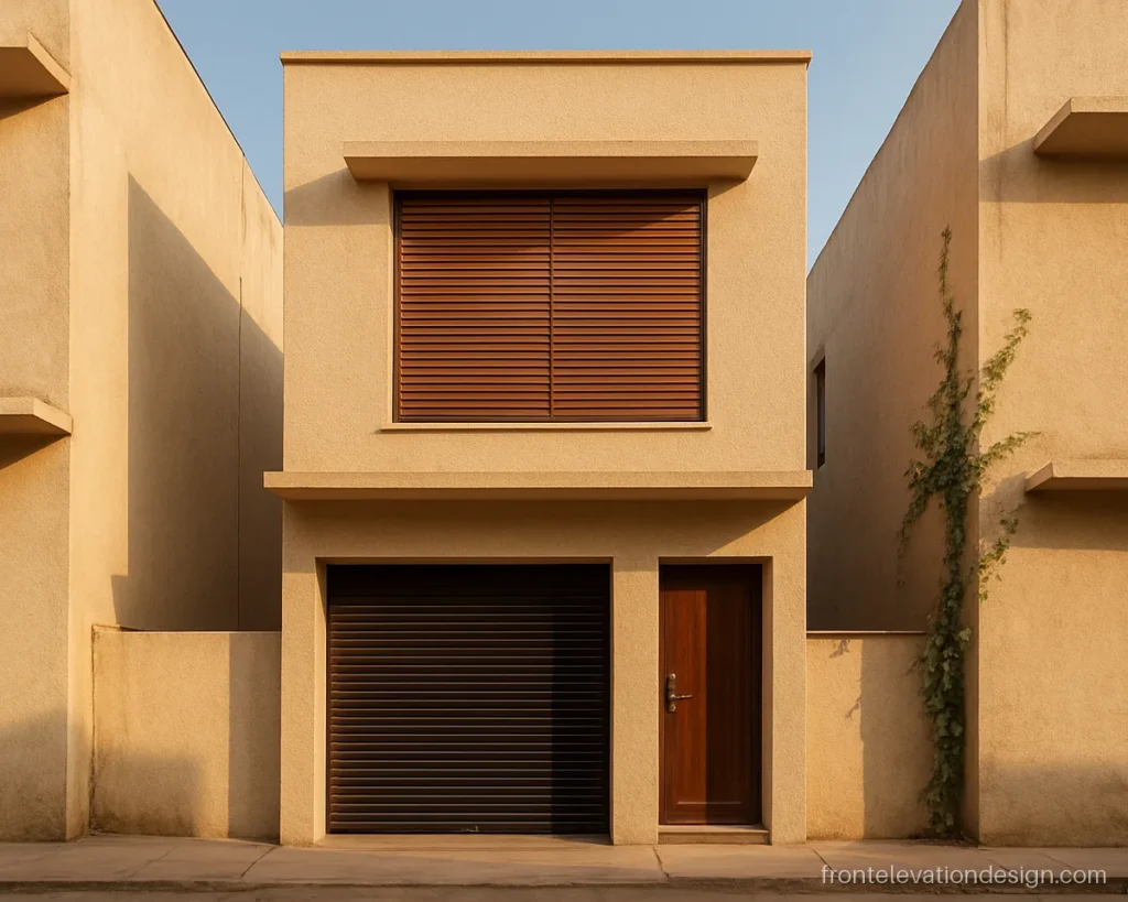 Small house 12 feet front elevation on two floors with wood louvers over the window