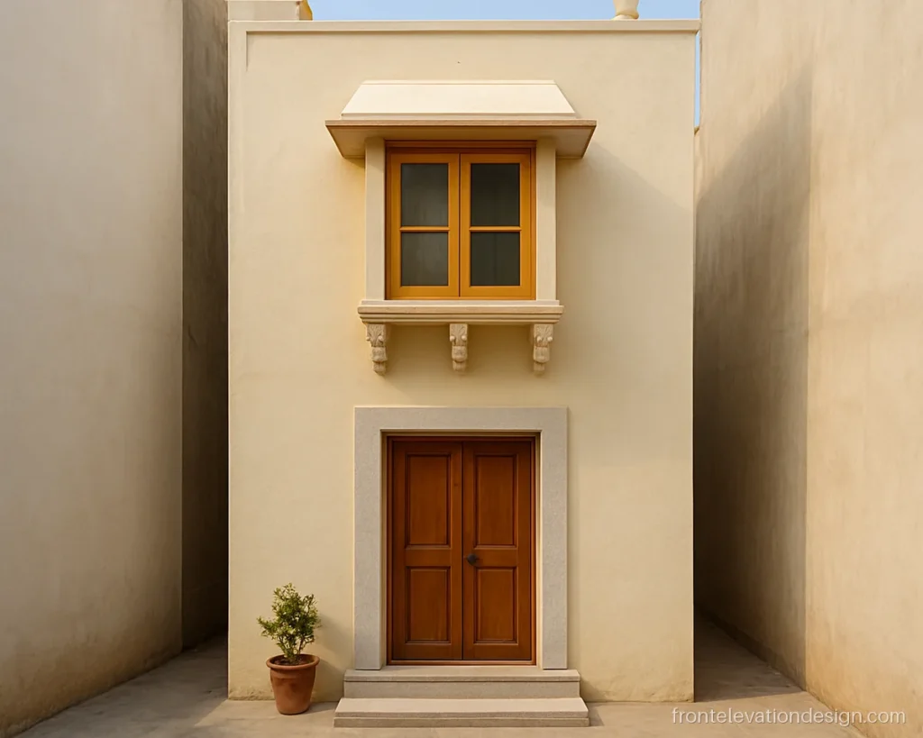 Indian 13 feet front elevation design with a small jharokha window and cream walls