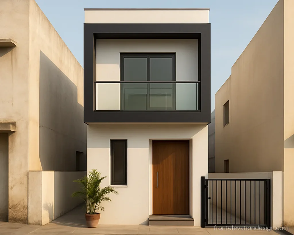 15 feet front elevation double floor with a black frame and a small first floor balcony