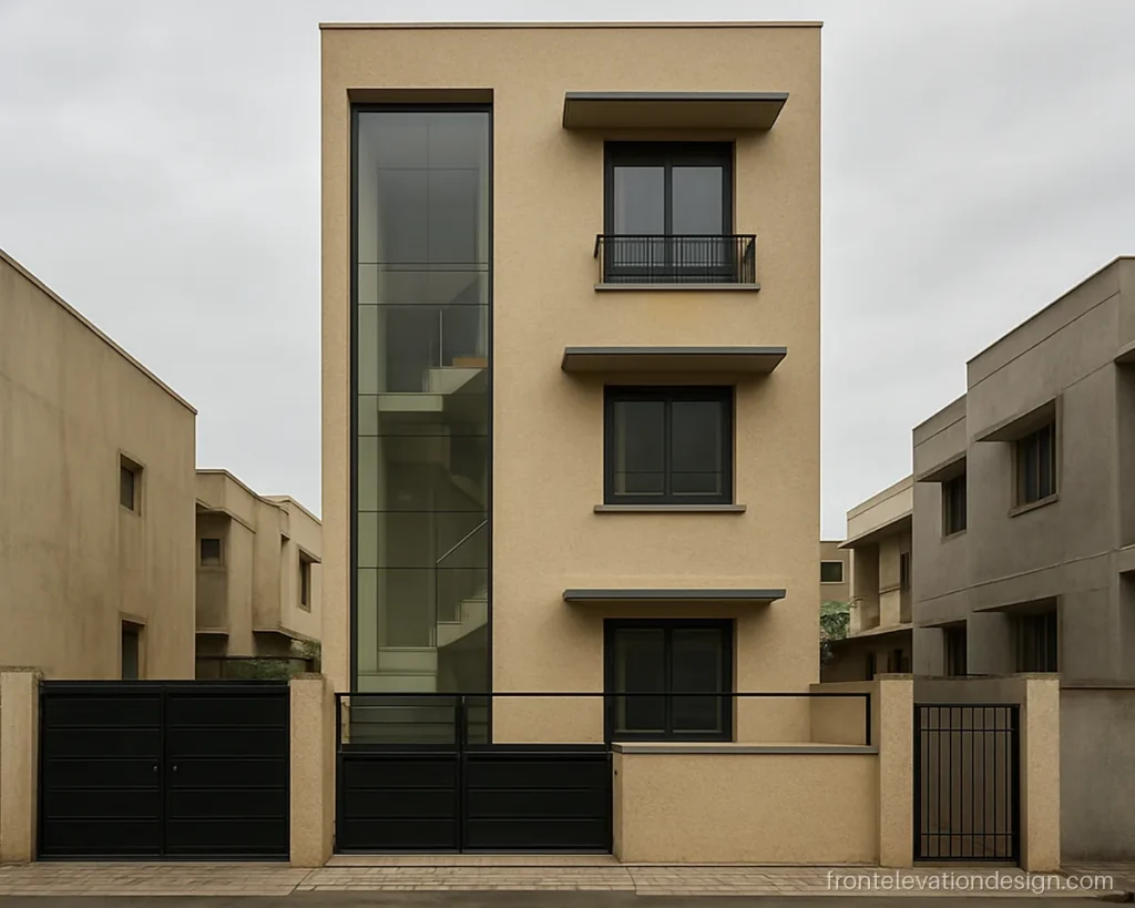 15 feet 3 floor front elevation with a glass staircase strip and beige walls