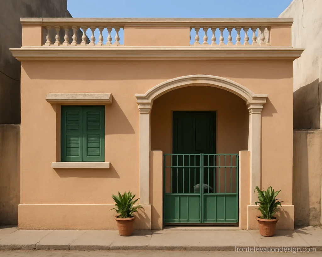 15x30 house front elevation with a shallow arch porch in Indian style