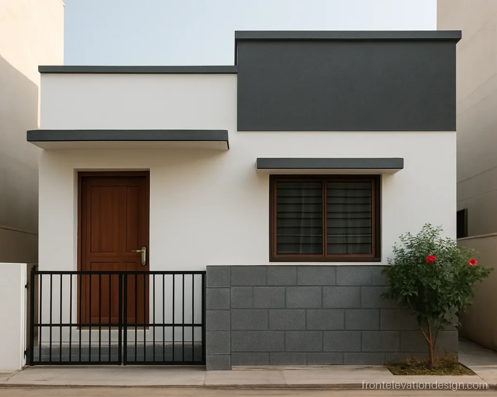 15x40 house front elevation single floor with a raised parapet frame and grey stone base