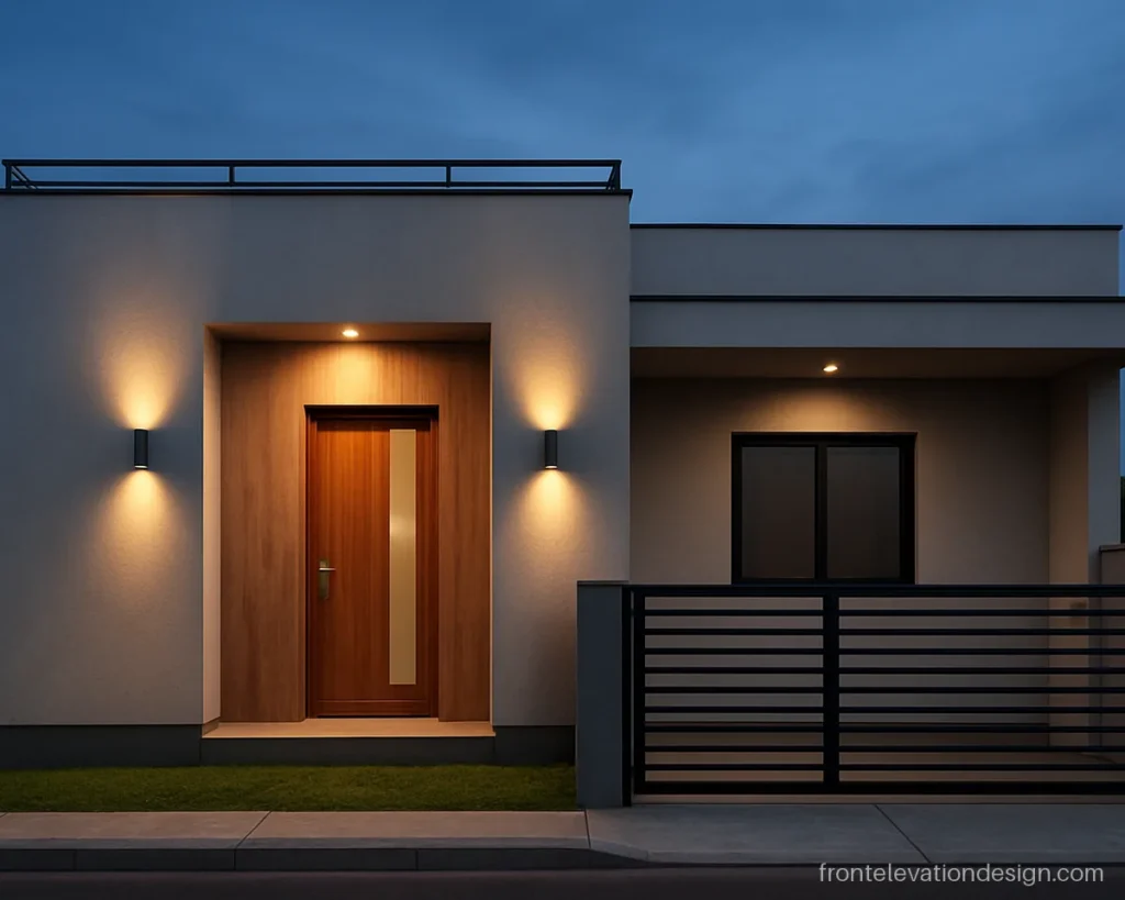 15x50 house front elevation single floor at evening with wood panel and wall lights