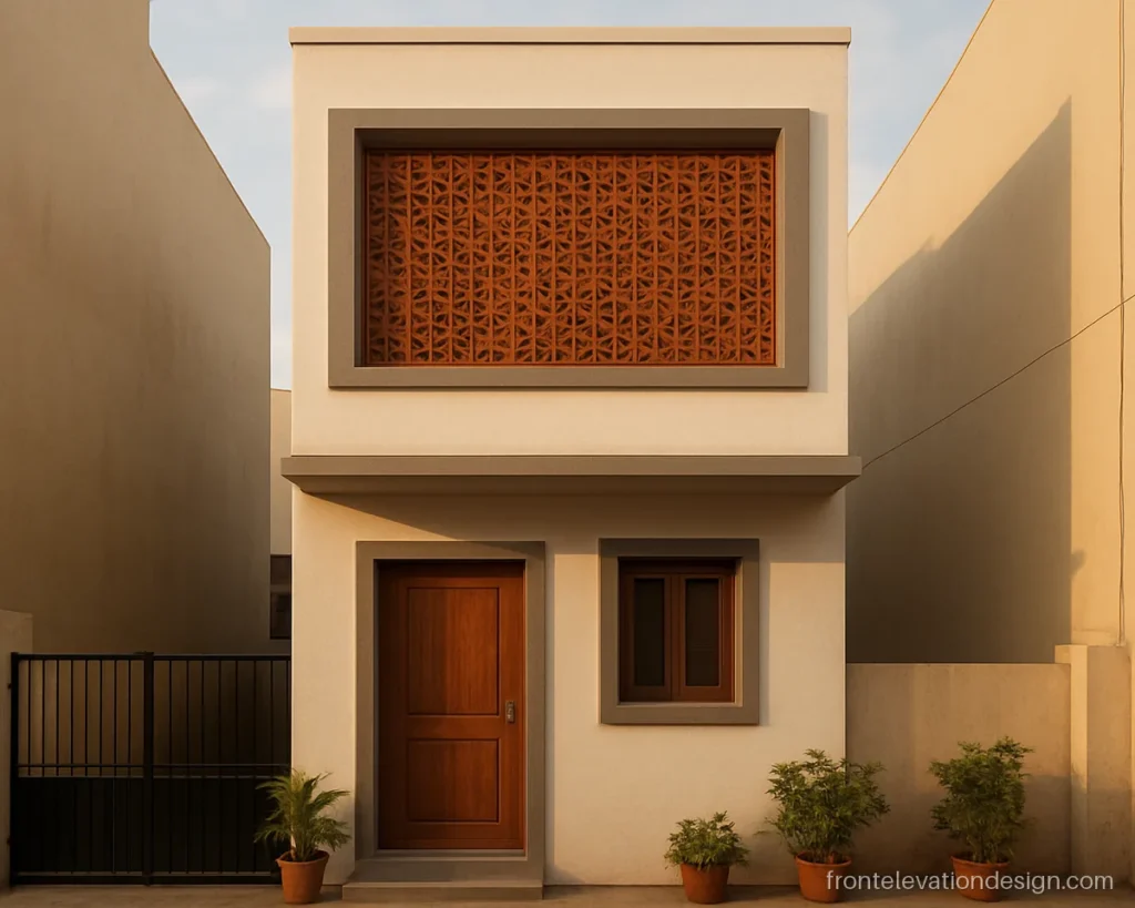 16 feet front elevation double floor with a terracotta jali screen and white walls