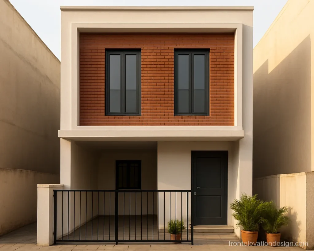 16x50 house front elevation on two floors with brick tile cladding and white frame