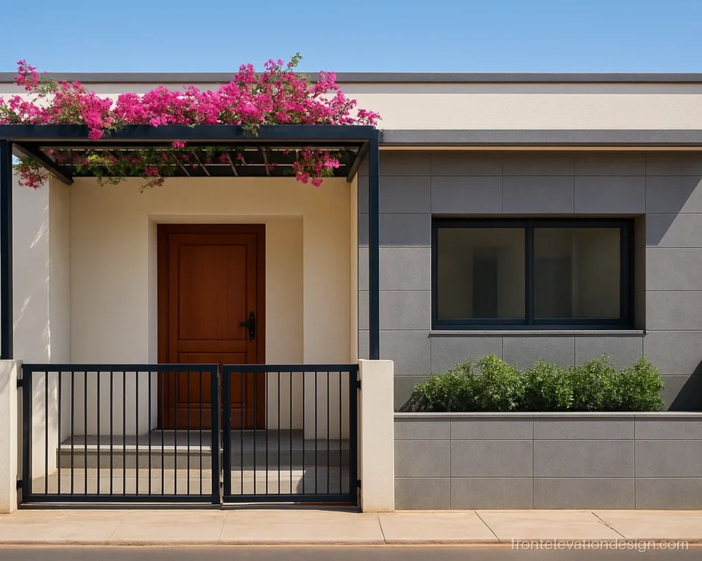 17 feet front elevation single floor with a pergola porch and grey tile wall