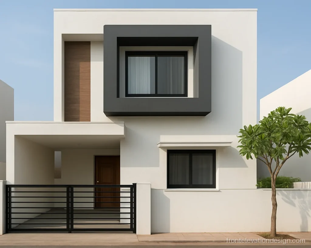 18x50 house front elevation with a grey box frame and wood strip on two floors