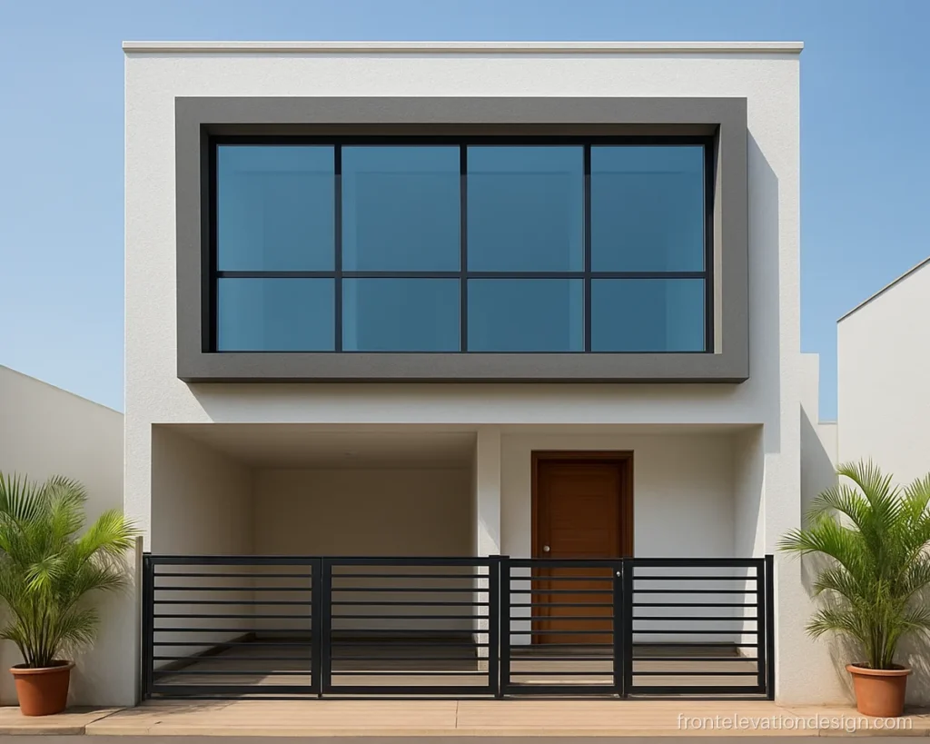 Front elevation monty glass design with blue tinted panels in a grey frame