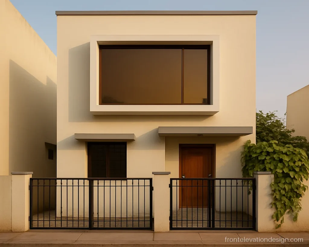 Indian house front elevation glass design with brown reflective monty glass in a white box
