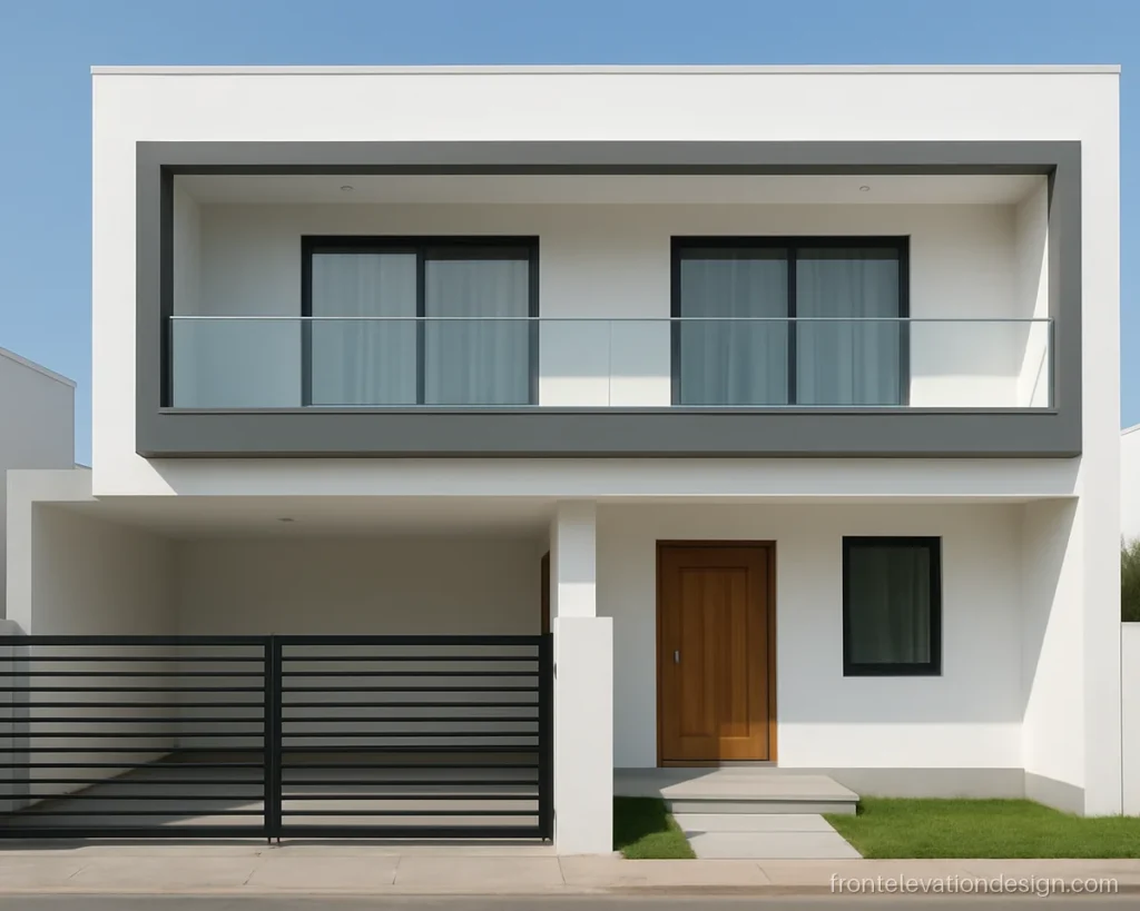 Front elevation glass with frameless balcony railing on a white house