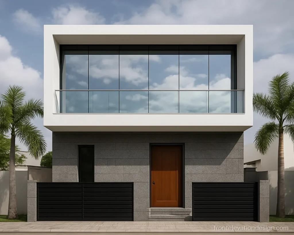 Glass house front elevation mirror design with railing and mirror glass panels