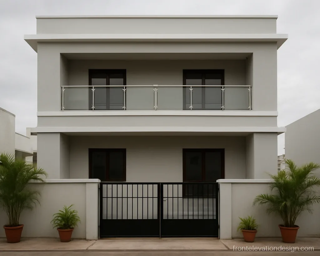 Simple house front elevation glass design with steel post glass railings
