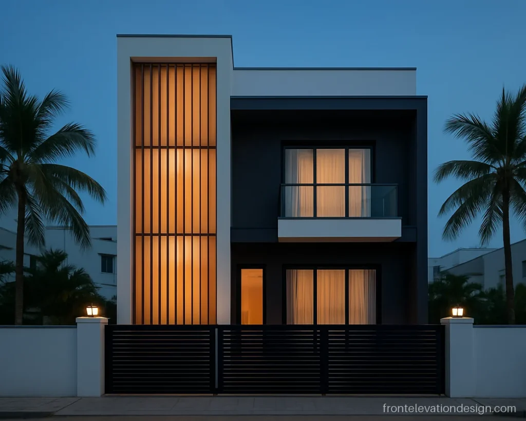 Front glass elevation with frosted stair glass behind wood slats at evening