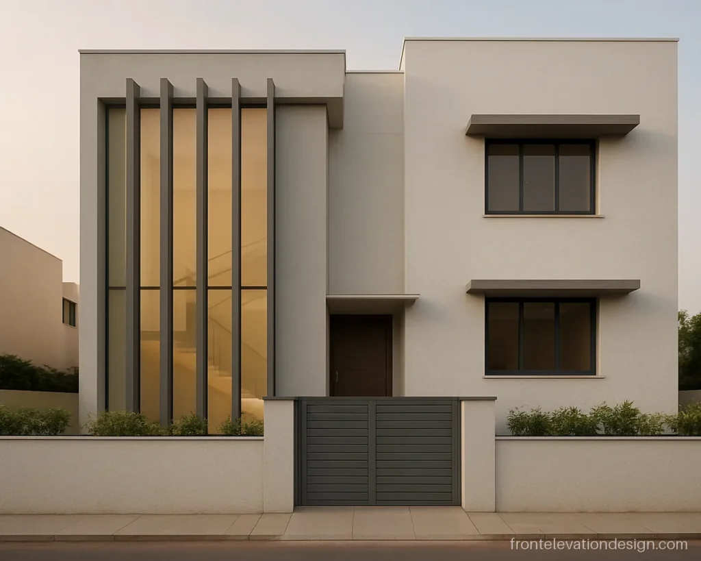 Front elevation stair window design outside with full-height clear glass and grey fins