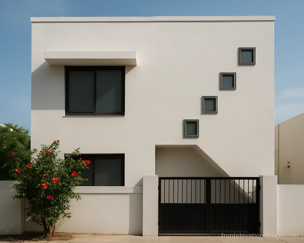 Small house front elevation glass design with staggered stair windows
