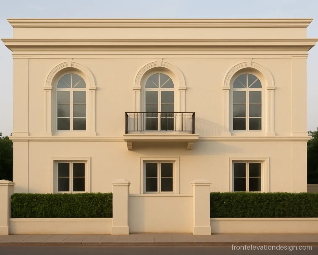 Front elevation glass design for home with tall arched windows and white frames