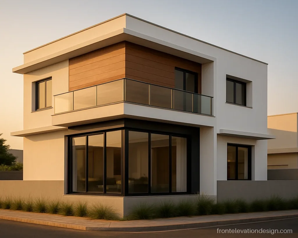 Modern house front elevation glass design with a black framed corner window