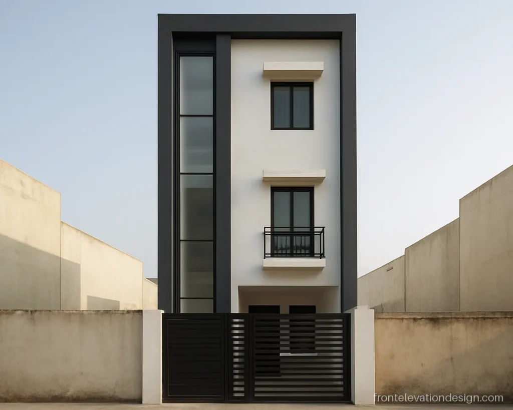 15x40 house front elevation 3 floor with a slim glass strip and grey frame