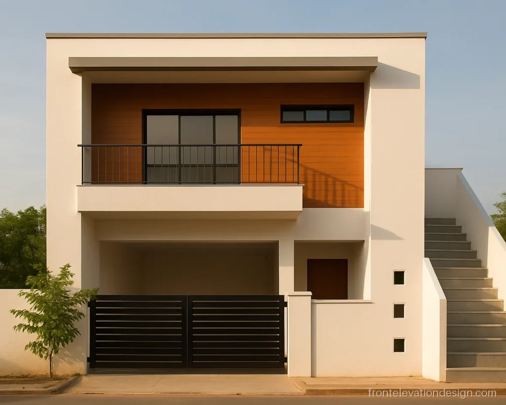 20x40 house front elevation 3 floor with wooden balcony panels and white walls