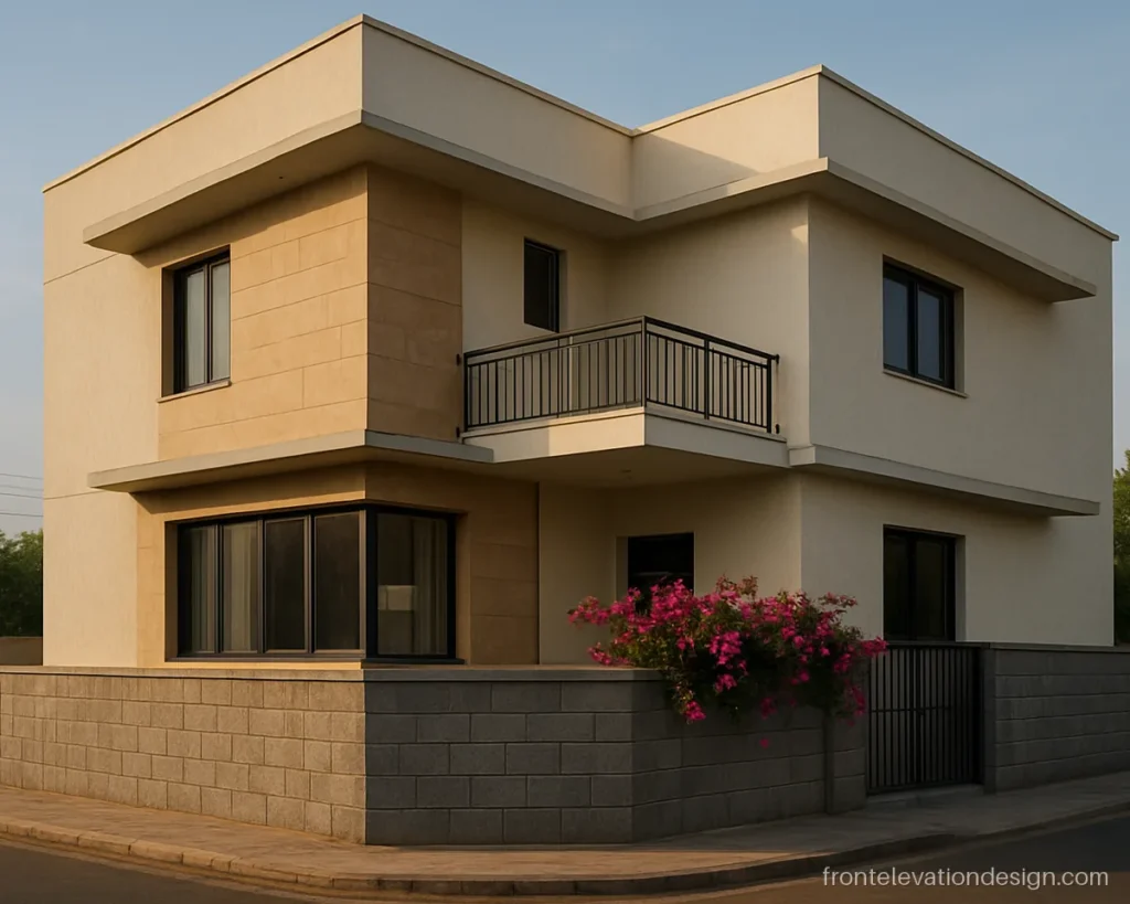 G+2 front elevation in beige stone cladding with a corner window and slim chhajja