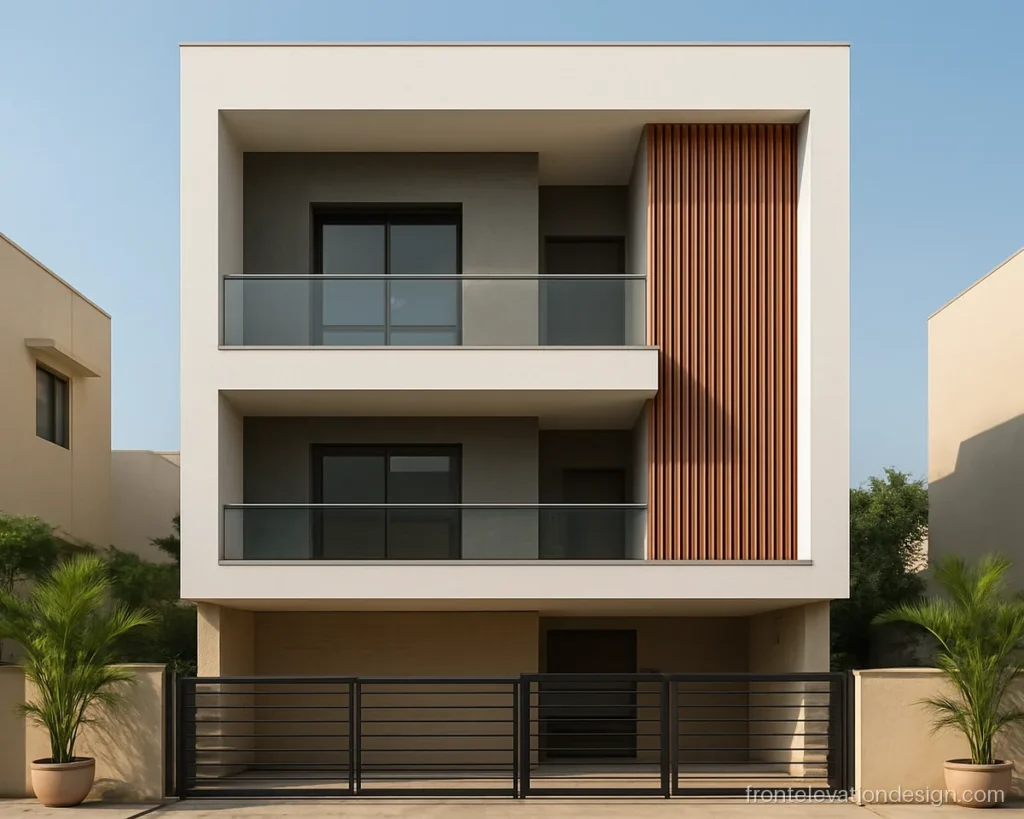 G+2 front elevation design with a white frame, grey balconies and wooden louvers
