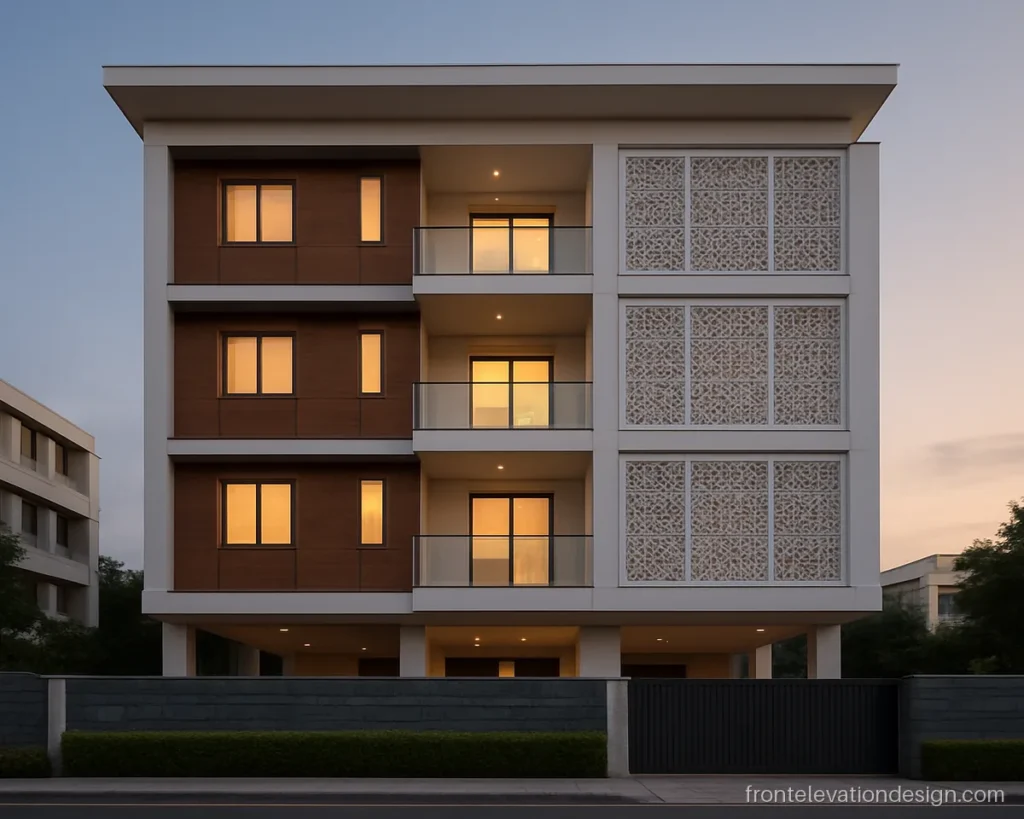 Apartment front elevation with brown panels, white jali and stacked balconies on four floors