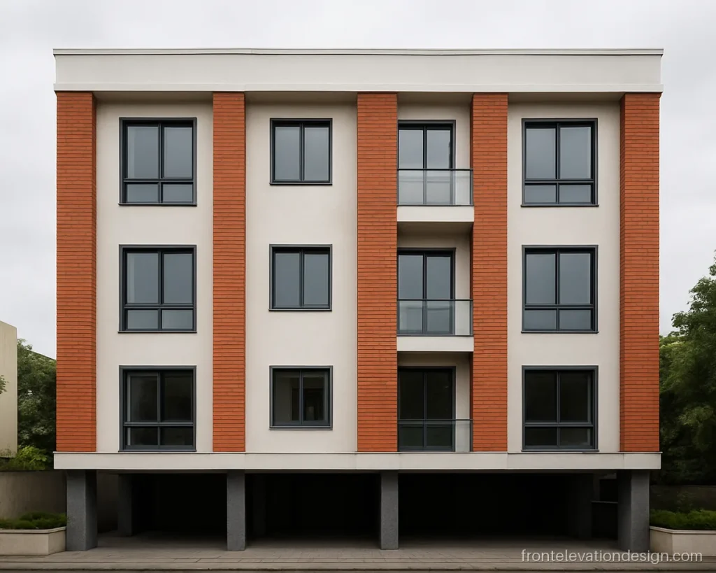 G+3 building front elevation with brick tile cladding and tall concrete fins