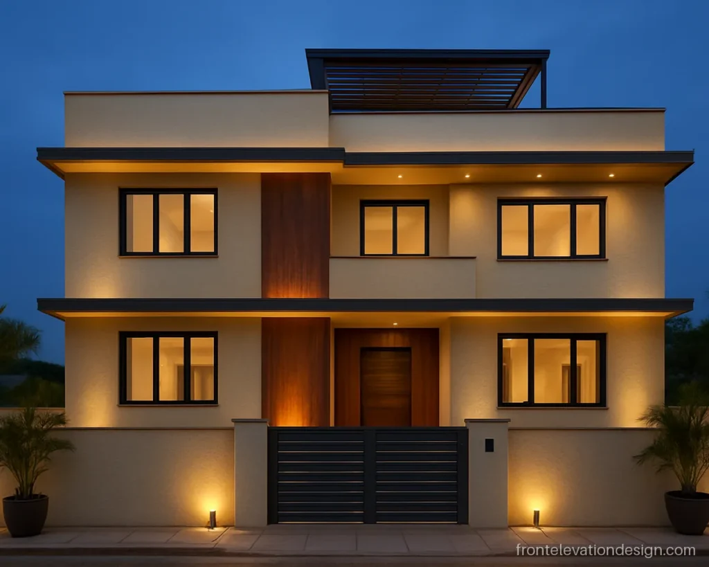 G+3 building front elevation at evening with cream walls, wood panels and warm lights