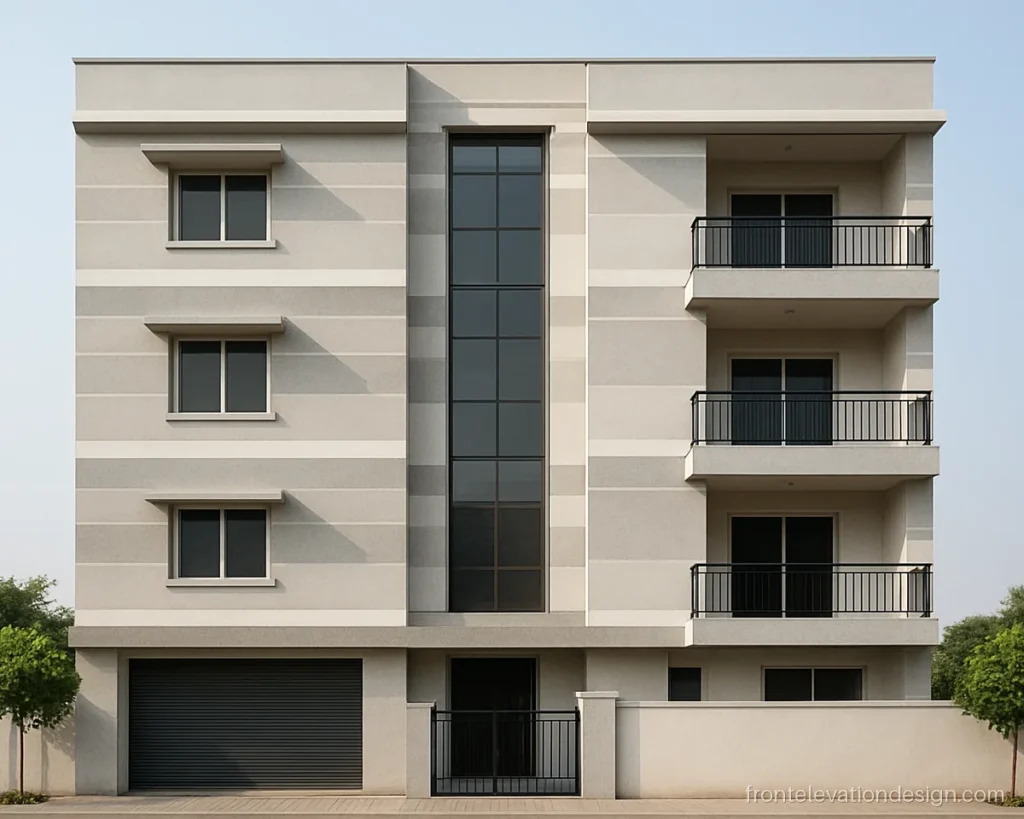 G+3 building front elevation with grey and white floor bands and stacked balconies