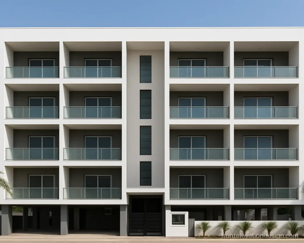 G+4 building front elevation with a white and grey grid and recessed balconies