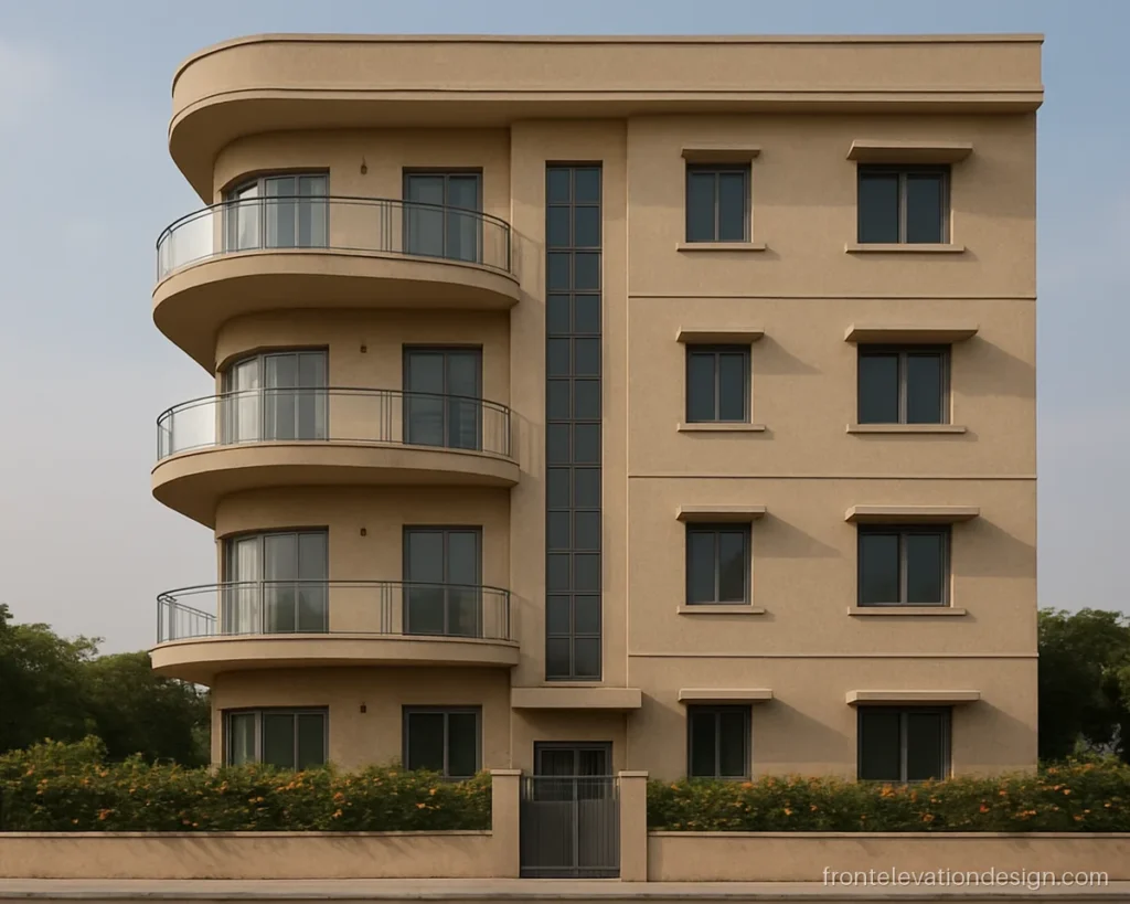 G+4 building front elevation with curved corner balconies and beige texture