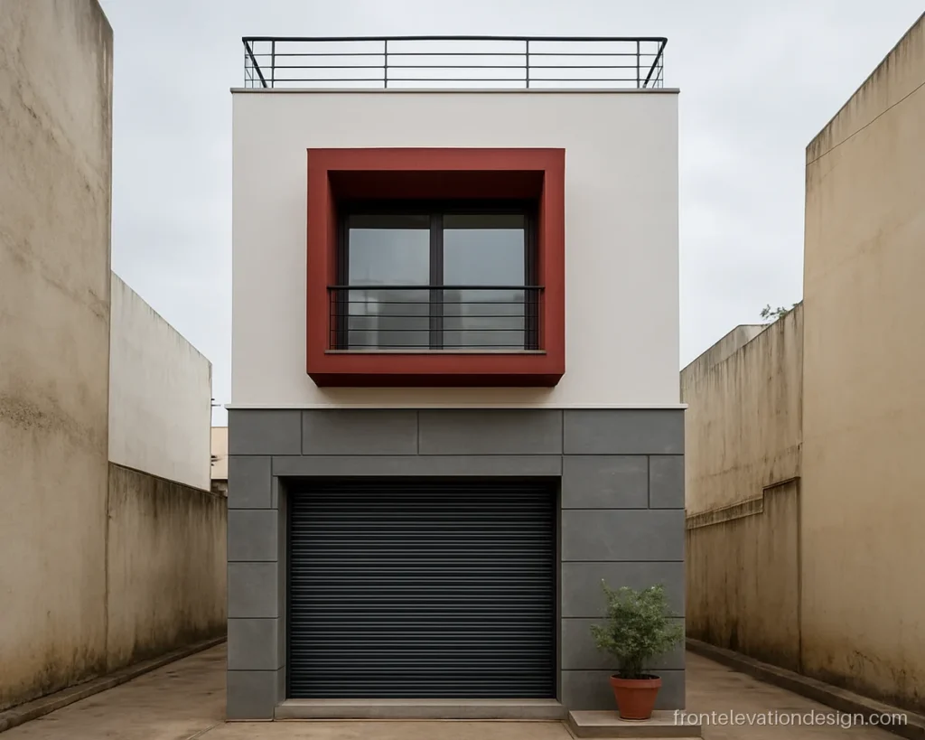 Narrow 3 floor front elevation design with a red accent box and grey cladding