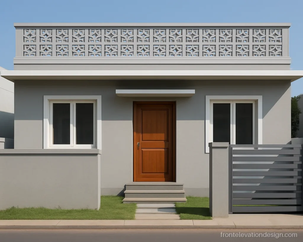 Front elevation cement jali design on the parapet of a single floor grey house