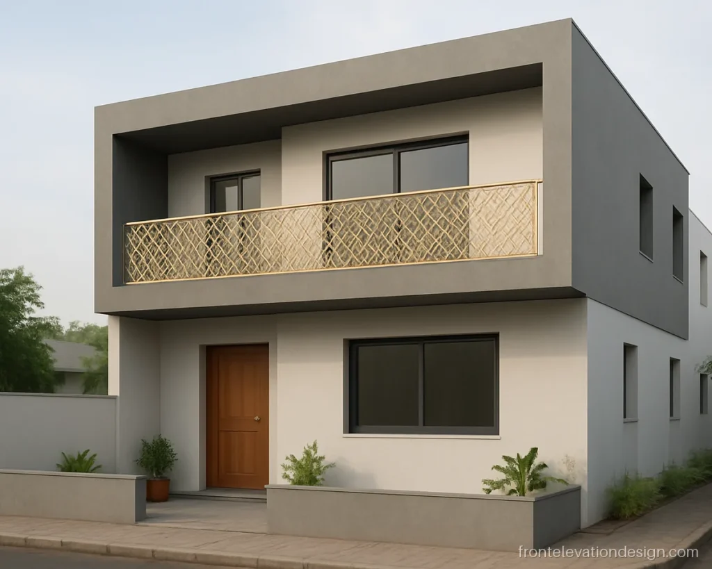 Front elevation CNC balcony grill design in a gold geometric pattern
