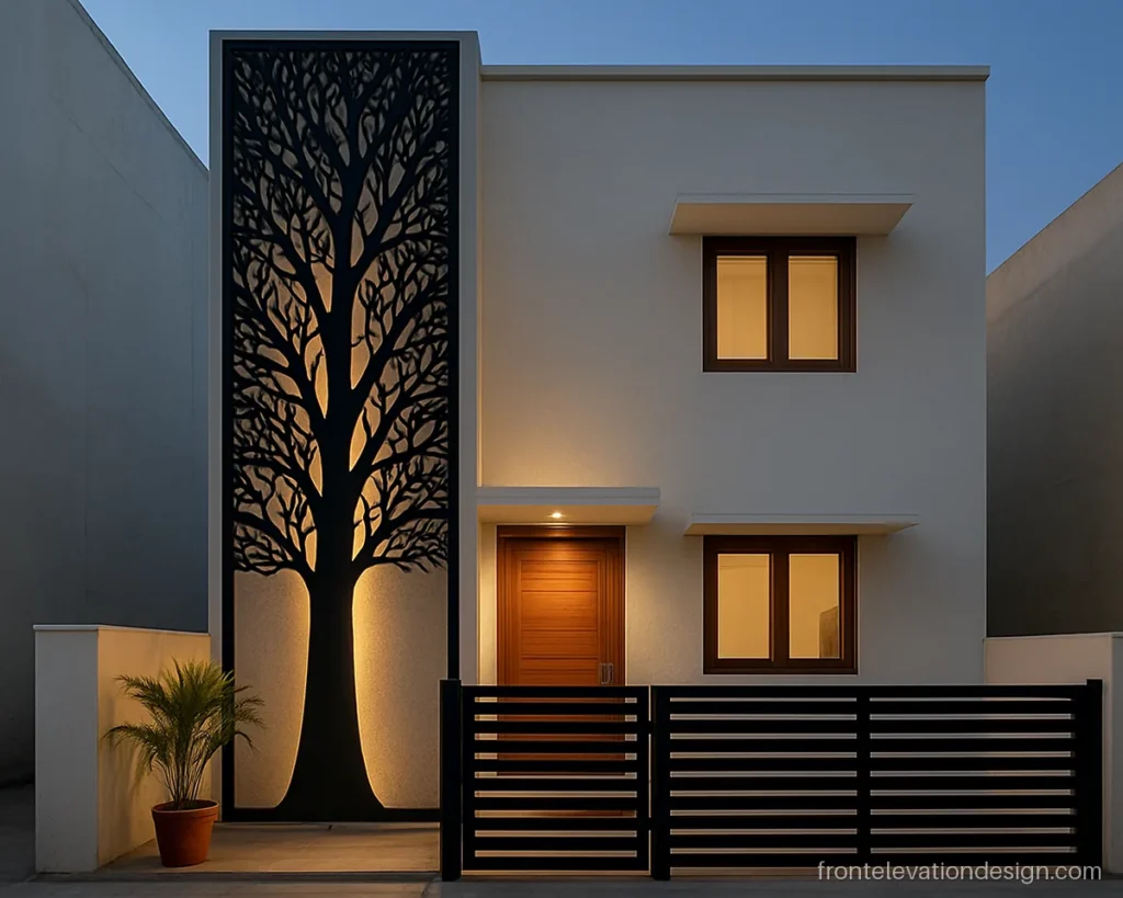 CNC tree design for front elevation with a black metal panel across two floors