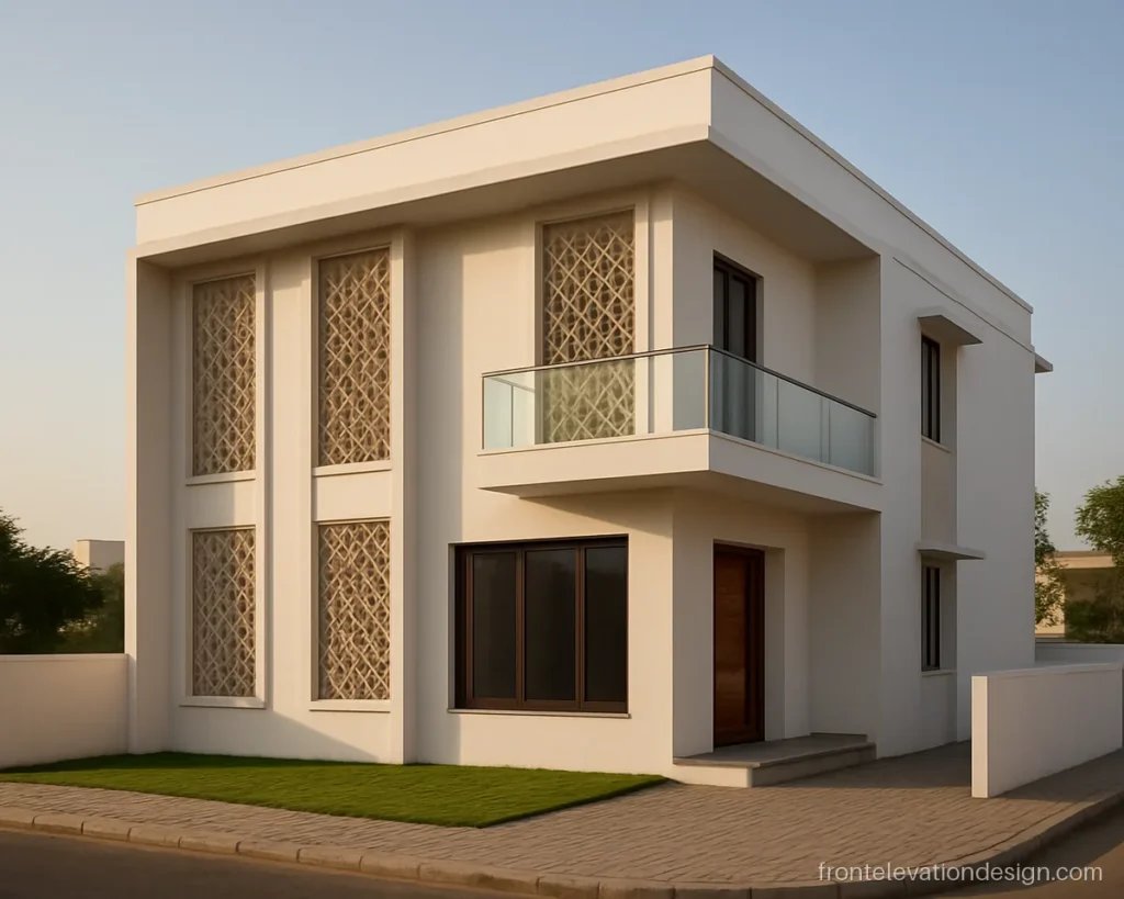 Modern jali design for front elevation with beige GRC hexagon panels beside the windows