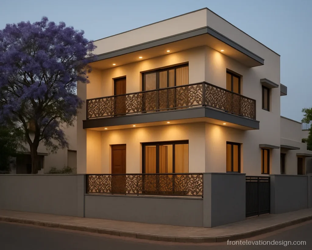 Front elevation laser cut balcony railing with a bronze panel in a floral pattern