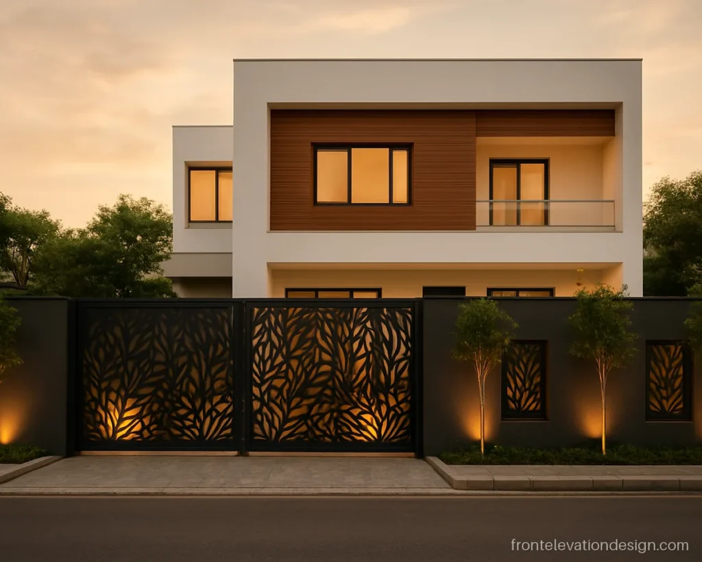 Modern CNC design front elevation with a leaf pattern screen on the compound wall and gate