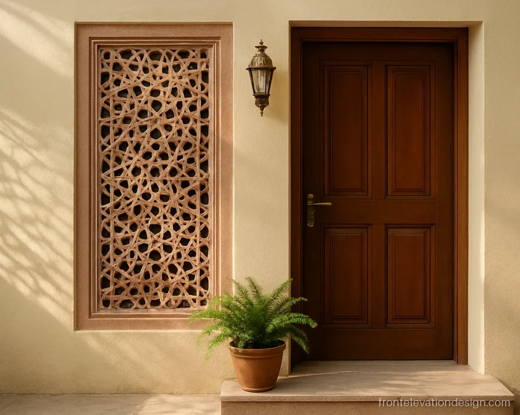 Front elevation stone jali design in carved pink sandstone beside the main entry
