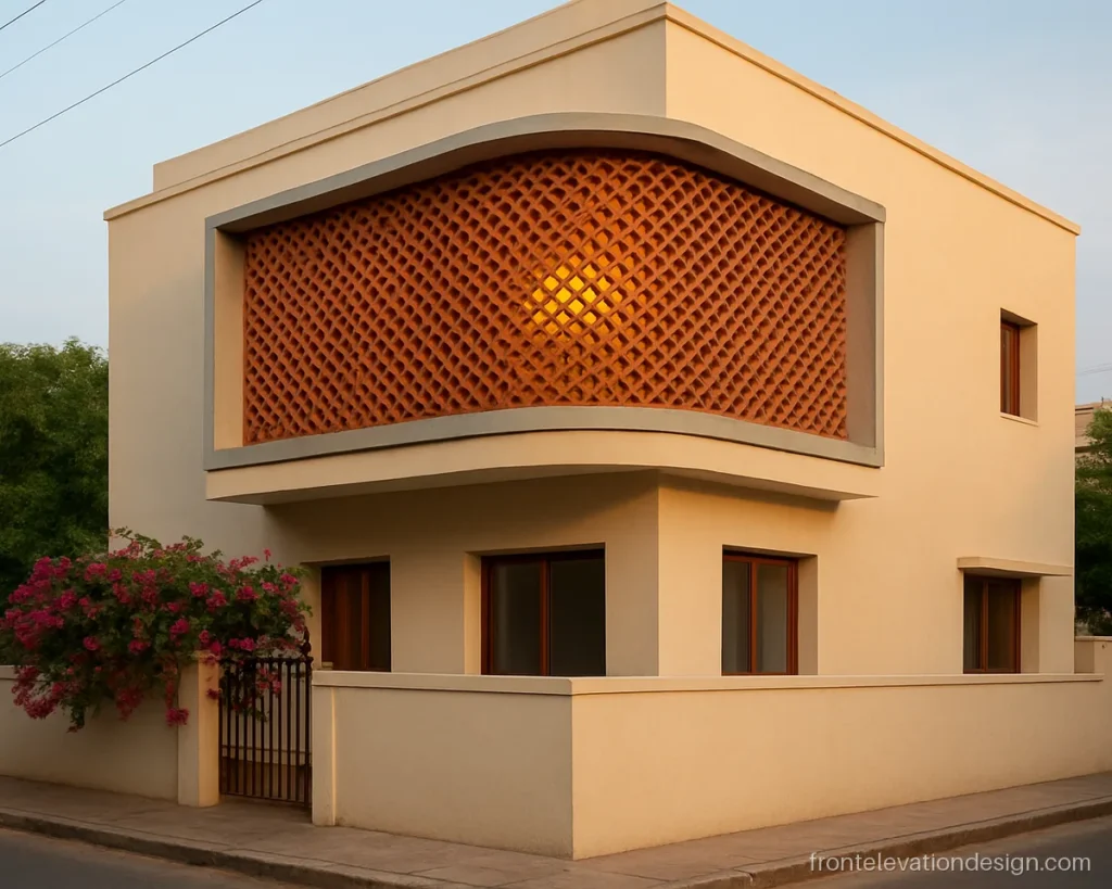 Front elevation terracotta jali balcony with a curved clay screen on the first floor