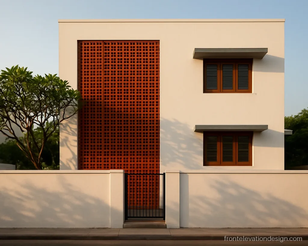 Front elevation terracotta jali design screening the staircase on a G+1 house