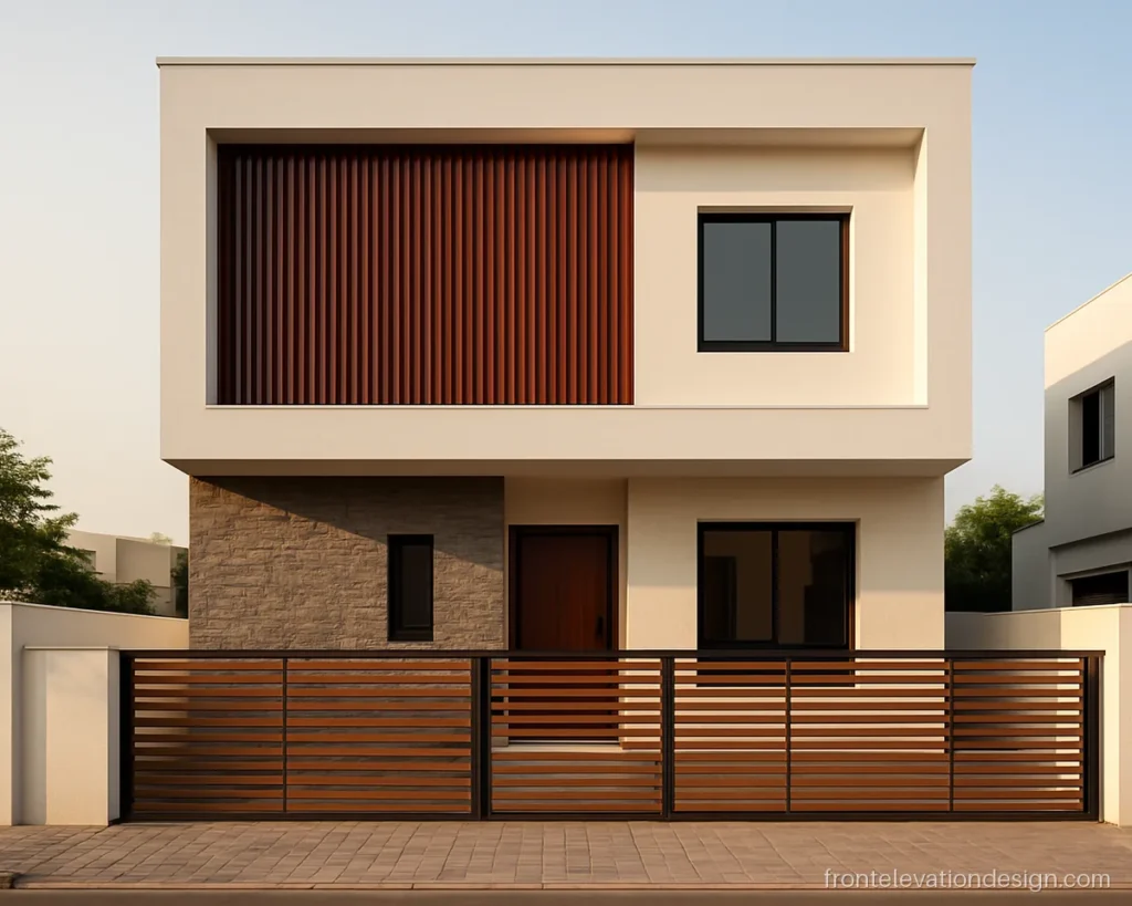 WPC jali design for front elevation with brown slats inside a white box frame