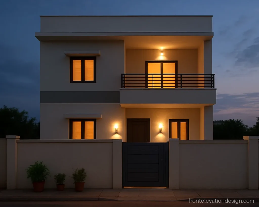 Simple house front elevation design at evening with two wall lights and grey band