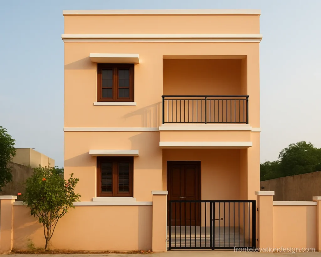 Simple front elevation for small houses, double floor, with peach walls and balcony grill