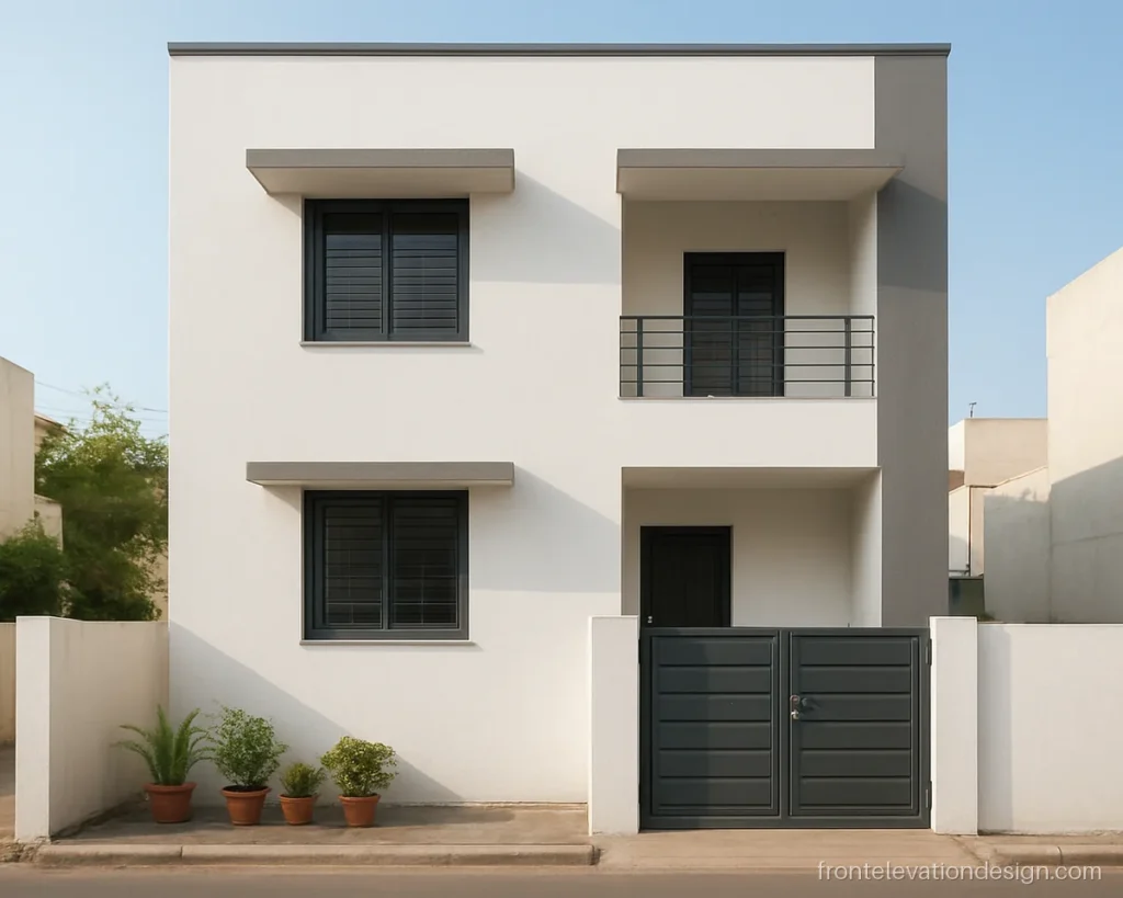 Simple double floor house front elevation design with stacked windows and matching chhajjas