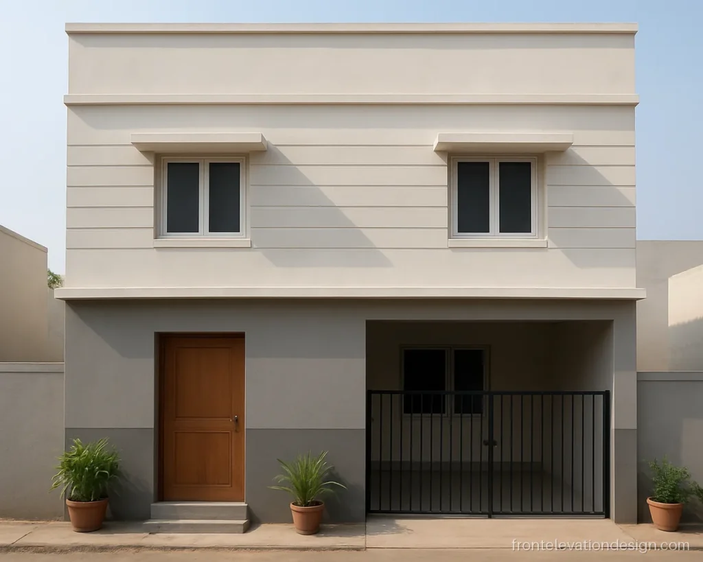 Simple front elevation design with horizontal plaster grooves in grey and white paint