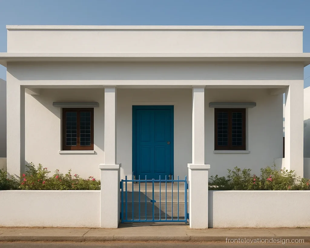 Simple house front elevation models for single floor with a small porch and blue door