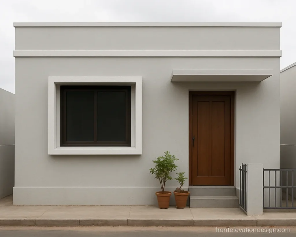 Three-quarter view of a simple front elevation with a plain frame around the window